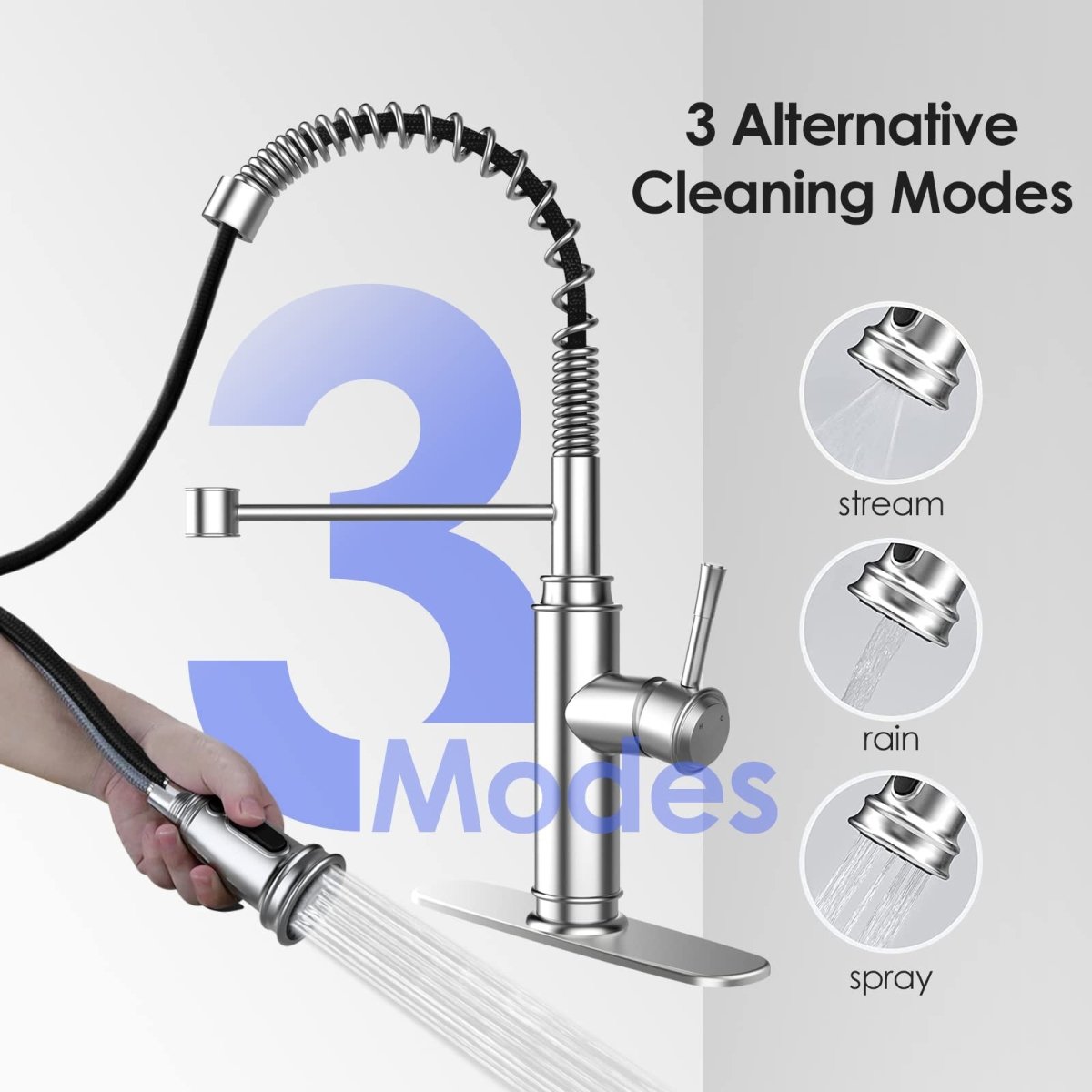 Kitchen Faucet - Spring Kitchen Sink Faucet with 3 Modes Pull Down Sprayer, Single Handle&Deck Plate for 1or3 Holes, 360° Rotation, Spot Resist Stainless Steel No Lead for RV Bar Home - HomeDIYer