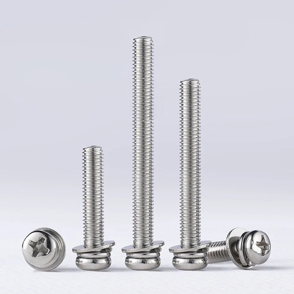M2–M10 Phillips Pan Head Sems Screws – 304 Stainless Steel with Pre‑Assembled Spring & Flat Washers