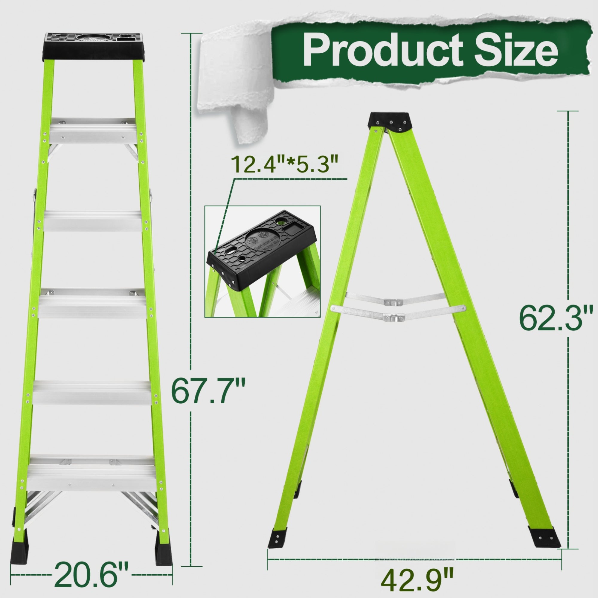 5‑Step Fiberglass Step Ladder — Non‑Conductive, 330 lb Capacity, Safety Green, 11" Step Spacing