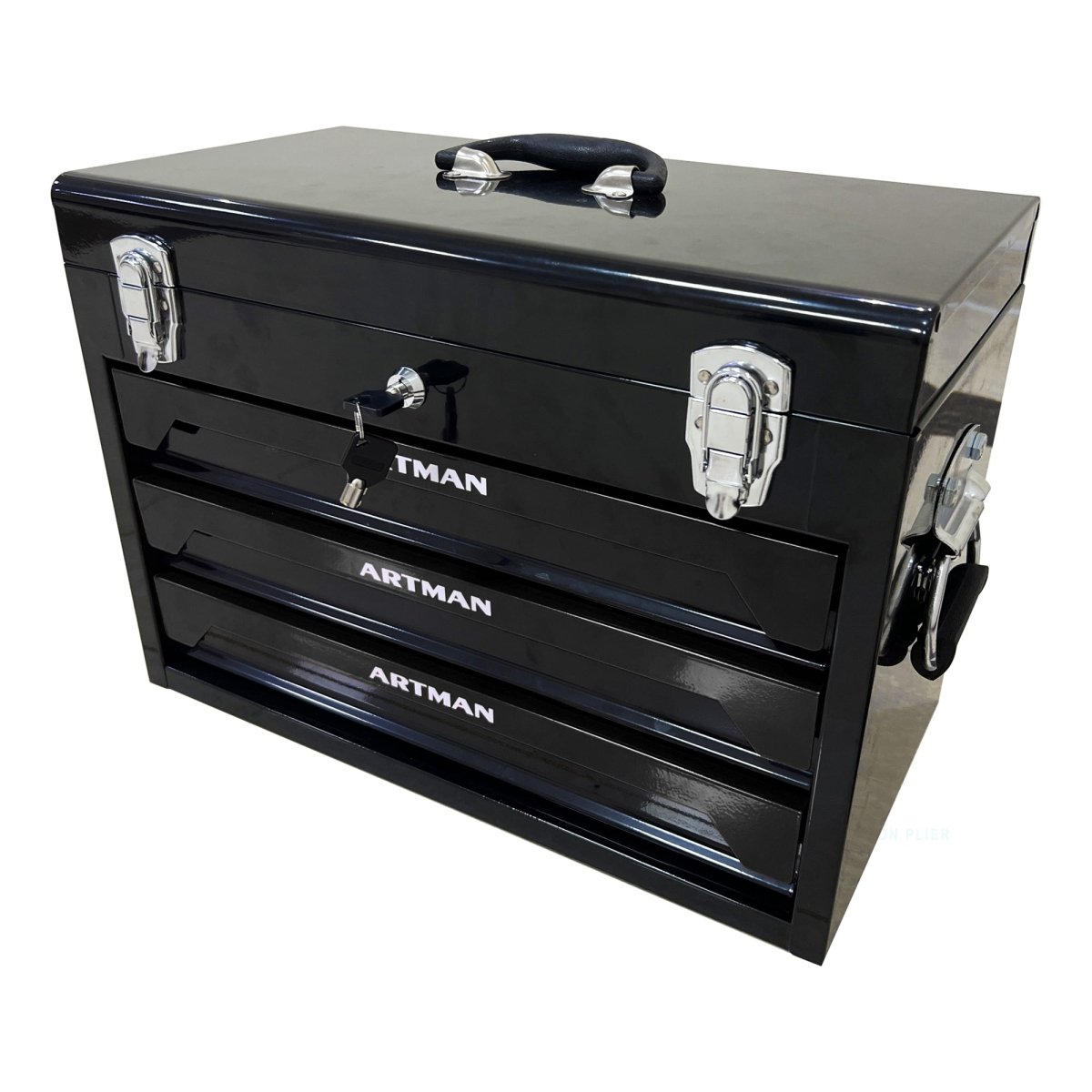 20'' Portable 3 - Drawer Steel Toolbox, 4 Layers of Tools with Metal Latches, with Top Storage Tray and carrying Handle, Multi - Function Tool Storage for Garage, Home, or Workbench,Black - HomeDIYer