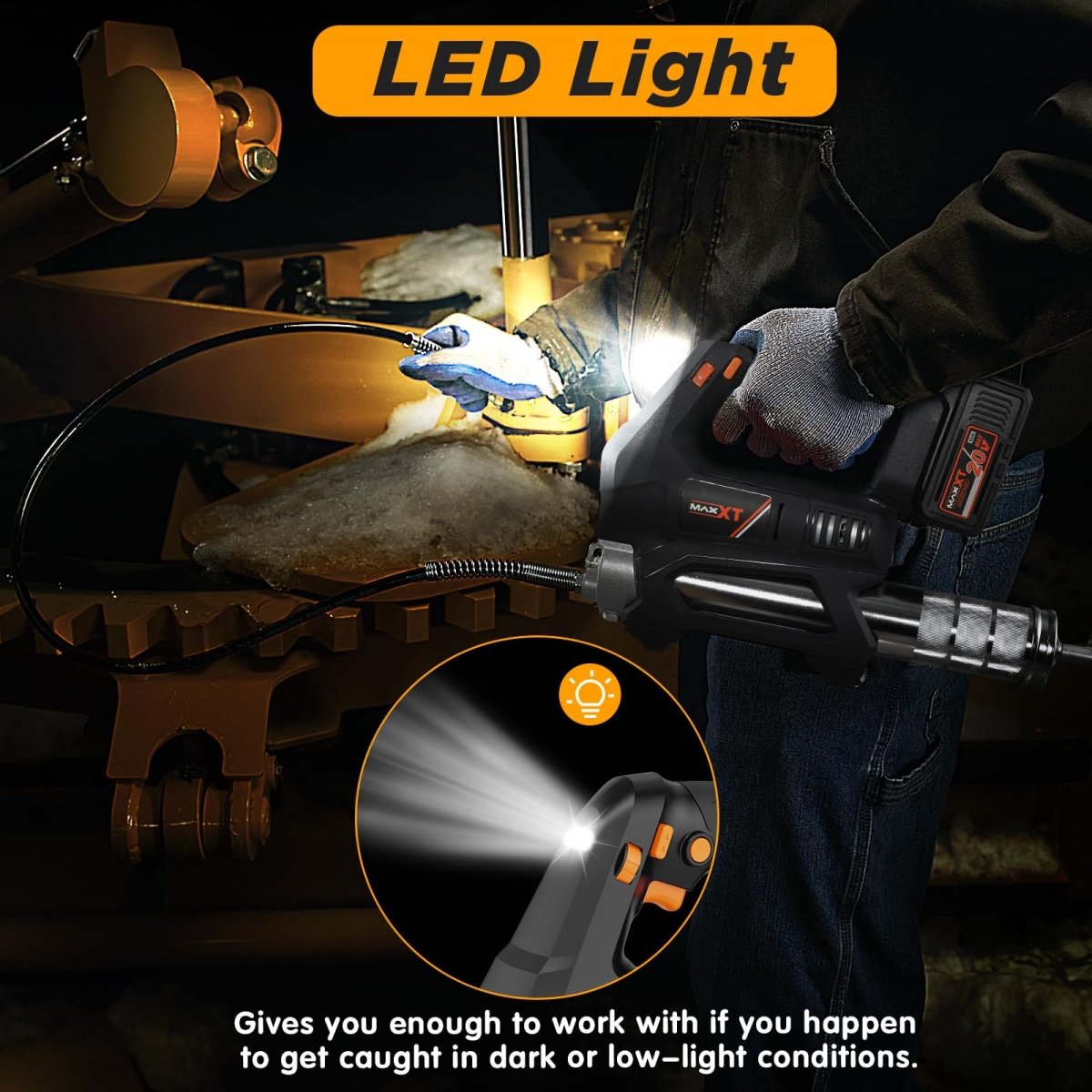 Heavy Equipment Grease Gun Cordless, Max 20000 PSI 20V Grease Gun Battery Powered with 4.0Ah Battery and Quick Charger, 40" Long Hose and LED Light, 6 Speed Electric Grease Gun - HomeDIYer