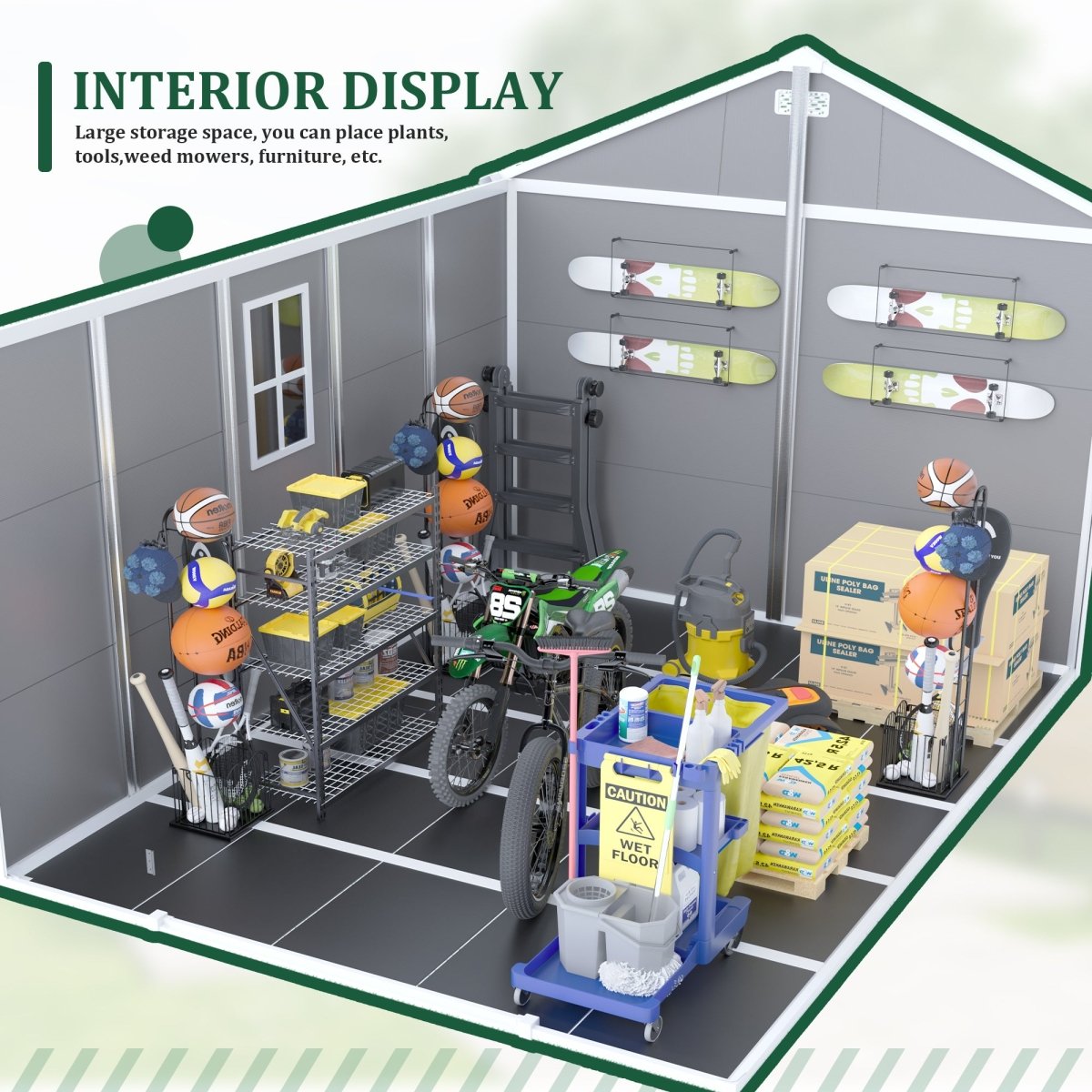 8*10 ft Resin Storage Shed, High Quality Pp Material, Strong Structure, Waterproof, Rust And Uv Proof, Large Storage Space, 12mm Thick Pp Board, Hd Window Lighting - HomeDIYer