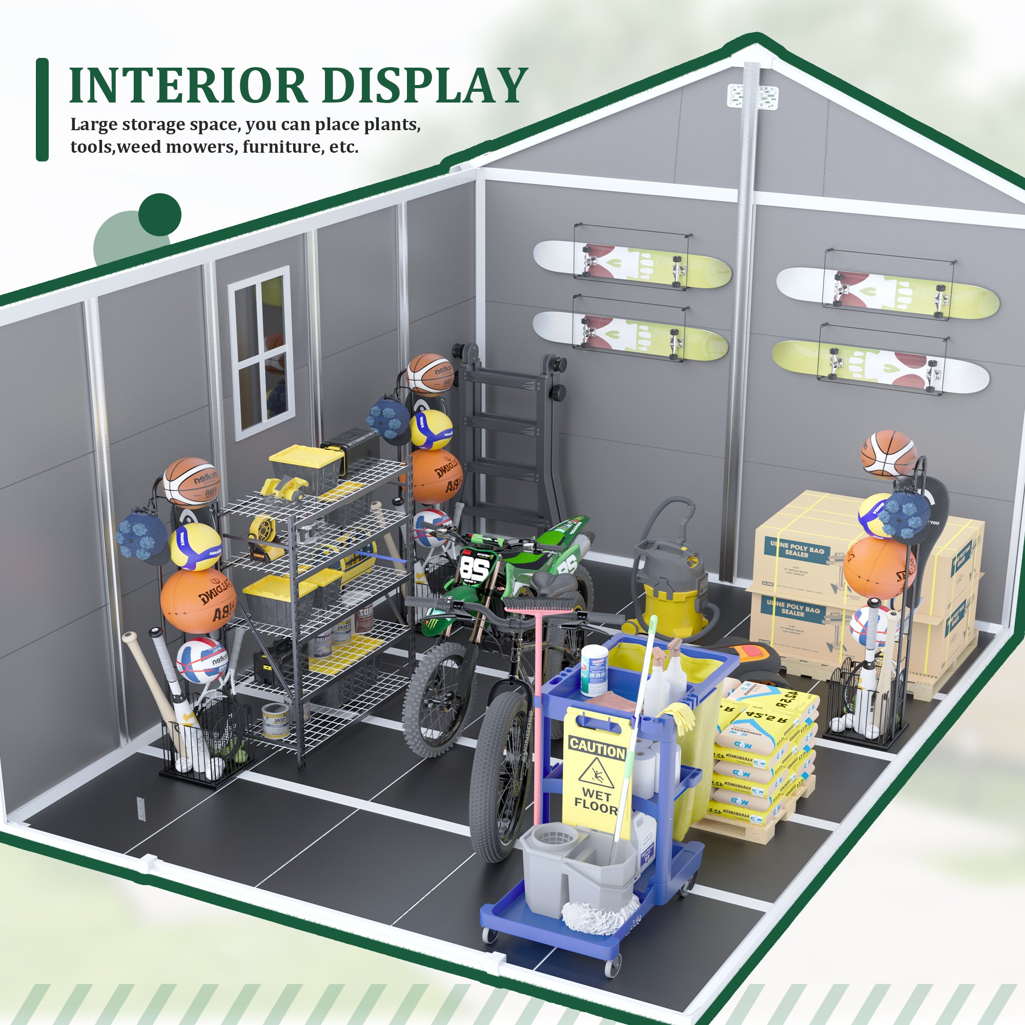 8*10 ft Resin Storage Shed, High Quality Pp Material, Strong Structure, Waterproof, Rust And Uv Proof, Large Storage Space, 12mm Thick Pp Board, Hd Window Lighting