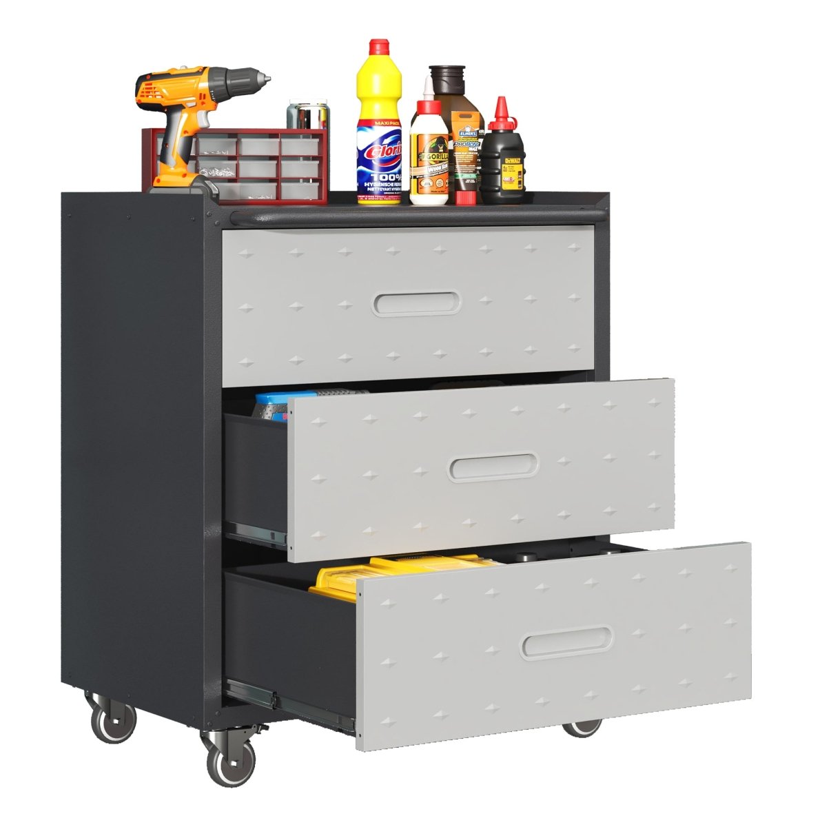 Heavy - Duty Metal Storage Cabinet with Wheels - 3 Drawer Tool Cabinet for Garage, Office, and Home Organizer Solutions, Black/Gray - HomeDIYer