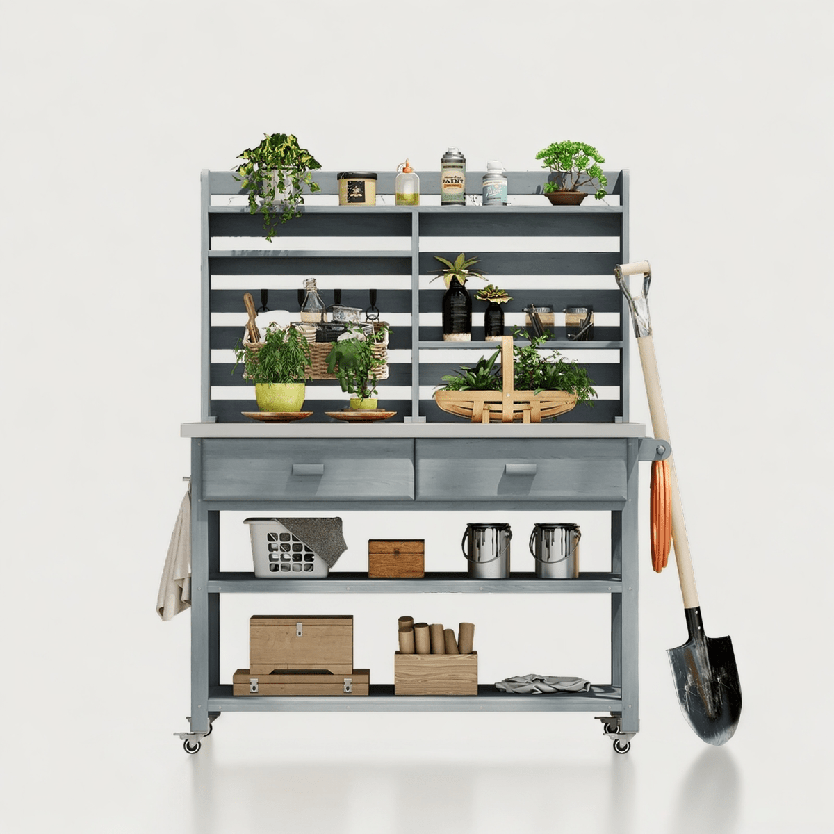 64.9"H Outdoor Potting Bench Table with Lockable Wheels, Solid Wood Outdoor Kitchen Island with Upper Hutch, Stainless Steel Top, Towel Rack ,Outdoor Storage for Grilling, Lawn Garden - Grey Blue - HomeDIYer