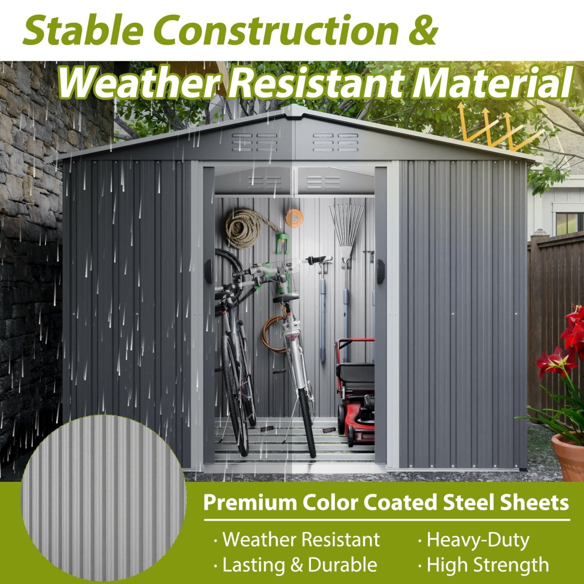 8x6 FT Outdoor Tool Storage Shed with Metal Foundation & Lockable Doors, All Weather Metal Sheds for Garden, Patio, Backyard, Lawn, Gray - HomeDIYer