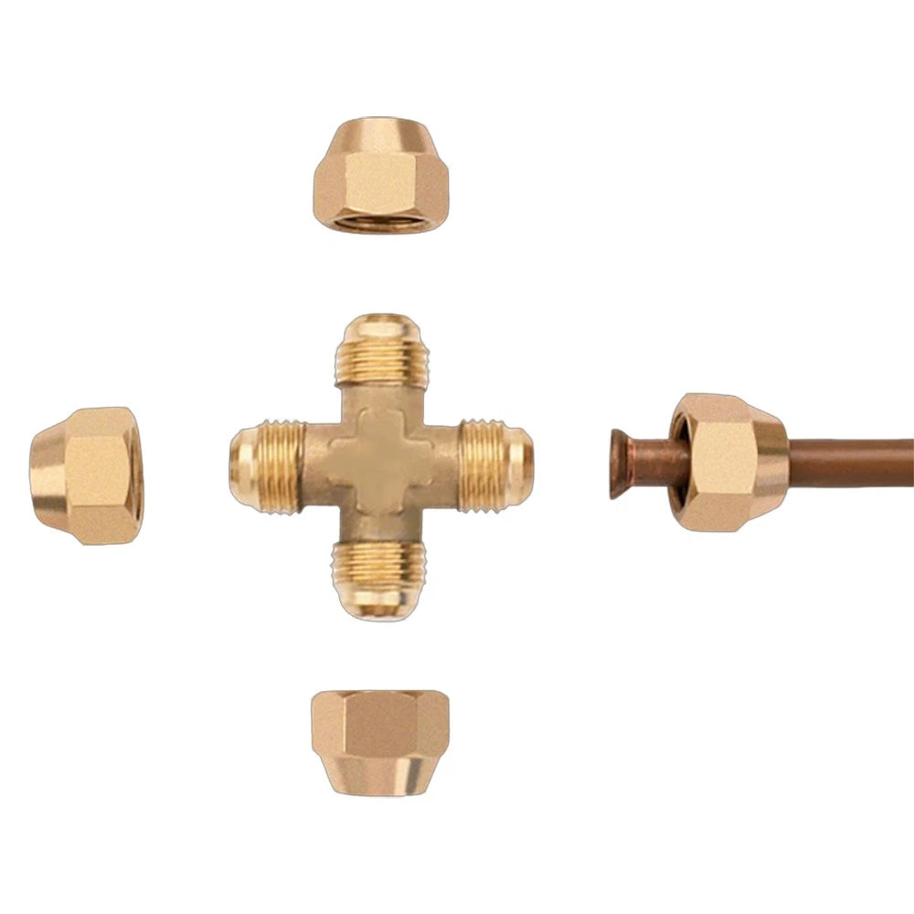 Brass Compression Cross Fitting 4-Way Flared Connector — 6mm & 8mm
