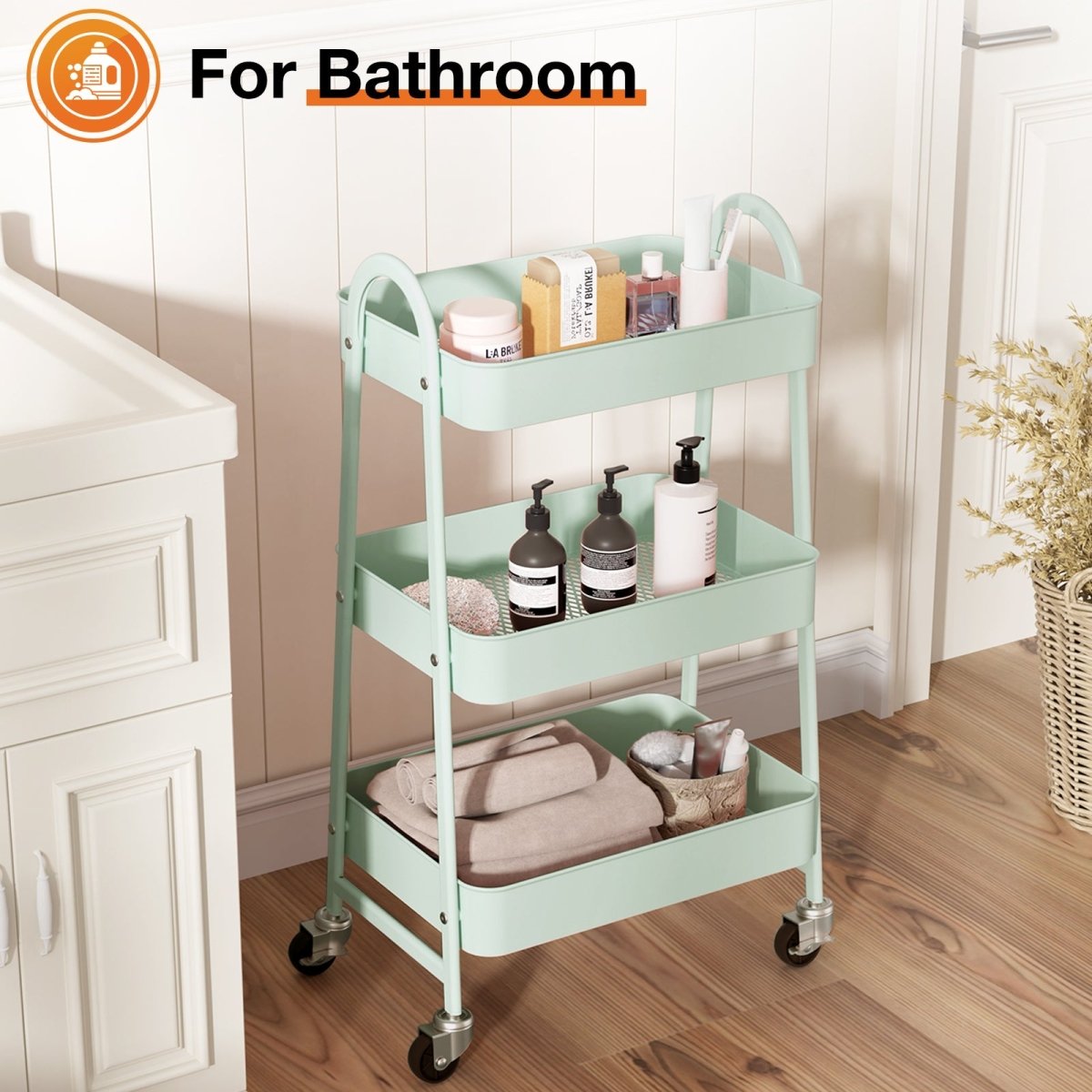 3 Tier Small Rolling Cart, Metal Utility Storage Organizer Kitchen Trolley Bathroom Laundry Room Bar Office Shelves - HomeDIYer