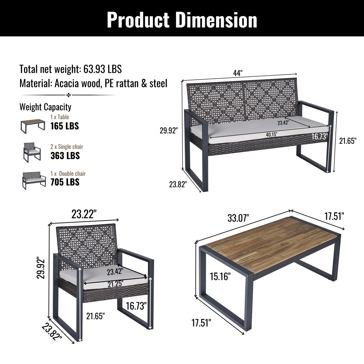 4 - Piece Patio Furniture Set Outdoor Balcony Porch Garden Backyard Lawn Furniture Acacia Wood Table Top, Morden Brown and Beige Cushion - HomeDIYer