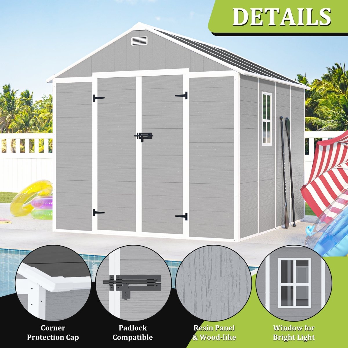 8x8 ft Resin Storage Shed, High Quality Pp Material, Strong Structure, Waterproof, Rust And Uv Proof, Large Storage Space, 12mm Thick Pp Board, Hd Window Lighting - HomeDIYer