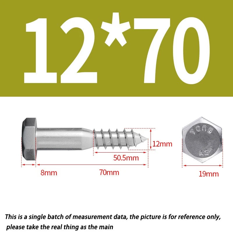 12mm M12 A2 STAINLESS STEEL SCREWS HEX HEAD LAG BOLTS WOOD SCREW BOLT DIN571
