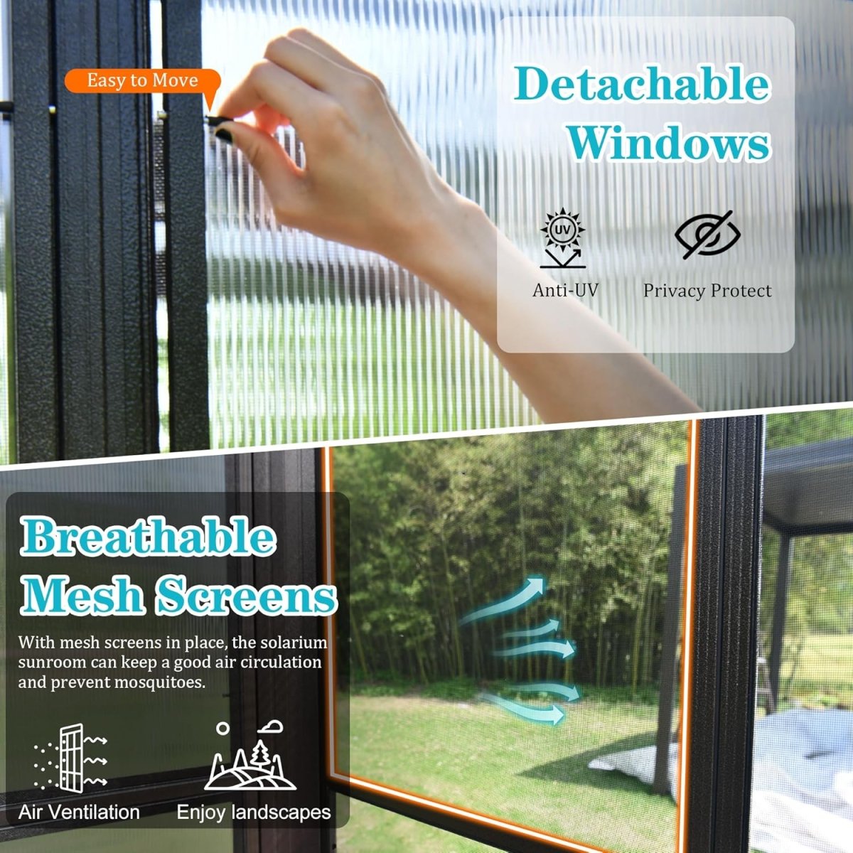 12x14FT All Season Sunroom, Outdoor Permanent Wall Mounted Solarium with Detachable Polycarbonate Windows, Aluminum Lean to Gazebo Sun Room with 2 Lockable Sliding Doors for Garden Patio Deck - HomeDIYer