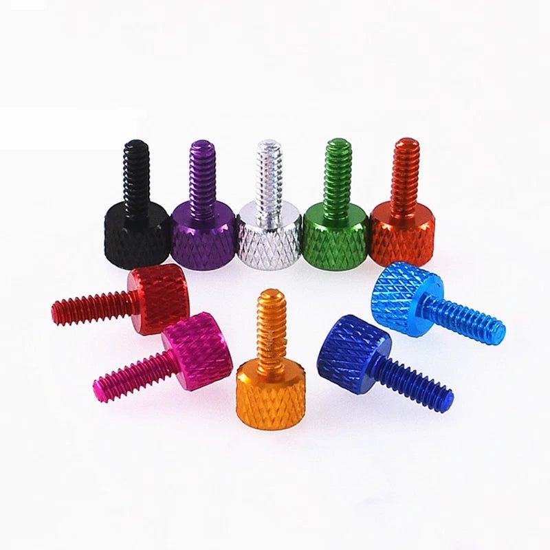 Aluminium Knurled Thumb Screws – Flat Head Hand Grip Bolts, 6 - 32 UNC x 10mm / M2.5 x 8mm (Anodised Finish) - HomeDIYer