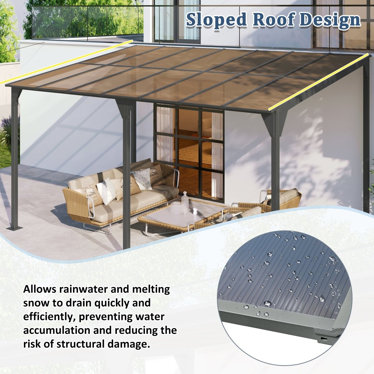 Wall - Mounted Gazebo 14.76*9.22 FT Patio Cover Lean - to Awning with Powder - Coated Iron Frame and with PC Roof Panels Outdoor Sloped Design Shelter for Deck, Garden, Backyard, Gray - HomeDIYer