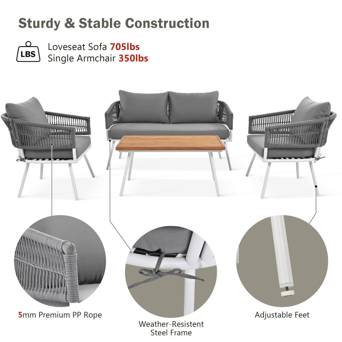 4 - Piece Boho Rope Patio Furniture Set, Outdoor Furniture with Acacia Wood Table, Patio Conversation Set with Deep Seating & Thick Cushion for Backyard Porch Balcony, Grey - HomeDIYer