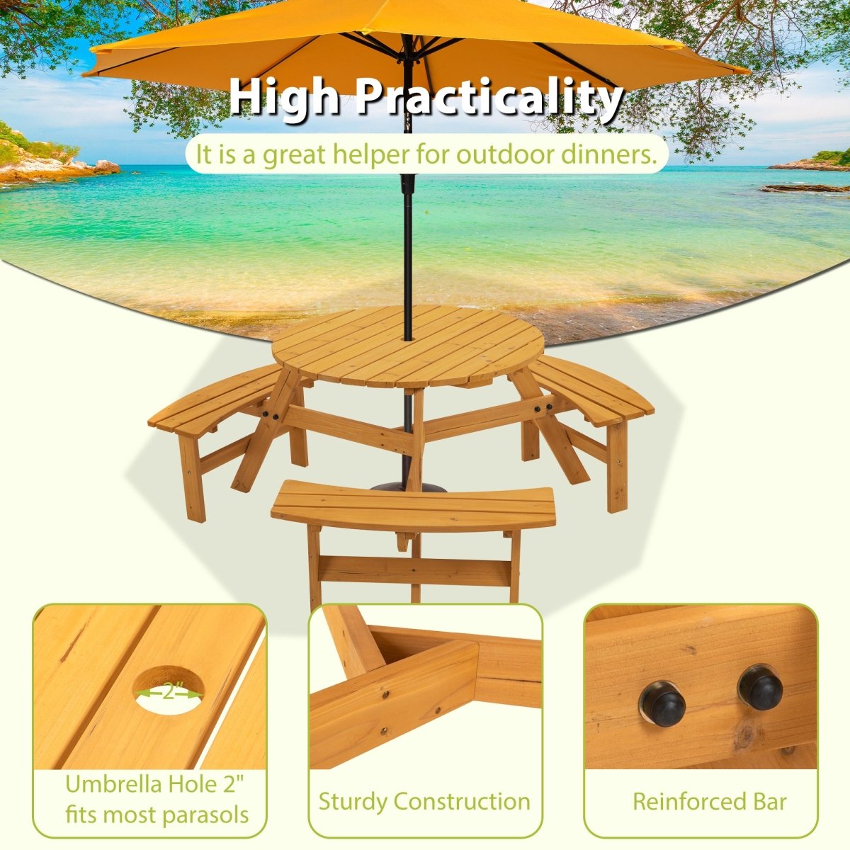 6 - Person Circular Outdoor Wooden Picnic Table for Patio, Backyard, Garden, DIY w/ 3 Built - in Benches, 1720lb Capacity - Natural - HomeDIYer