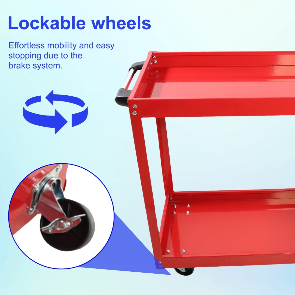 Tool Cart on Wheels, Heavy Duty Steel Utility Cart w/Lockable Wheels, 400 LBS Capacity Industrial Service Cart for Garage, Warehouse, Workshop (Two - layer Bright Red) - HomeDIYer