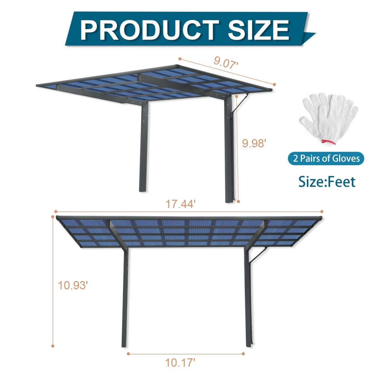 Outdoor Carport, 17.44FT*9FT*11FT Single Carport Aluminum Metal Frame and Polycarbonate Panels Car Port for Outdoor Driveway Car, Truck - HomeDIYer