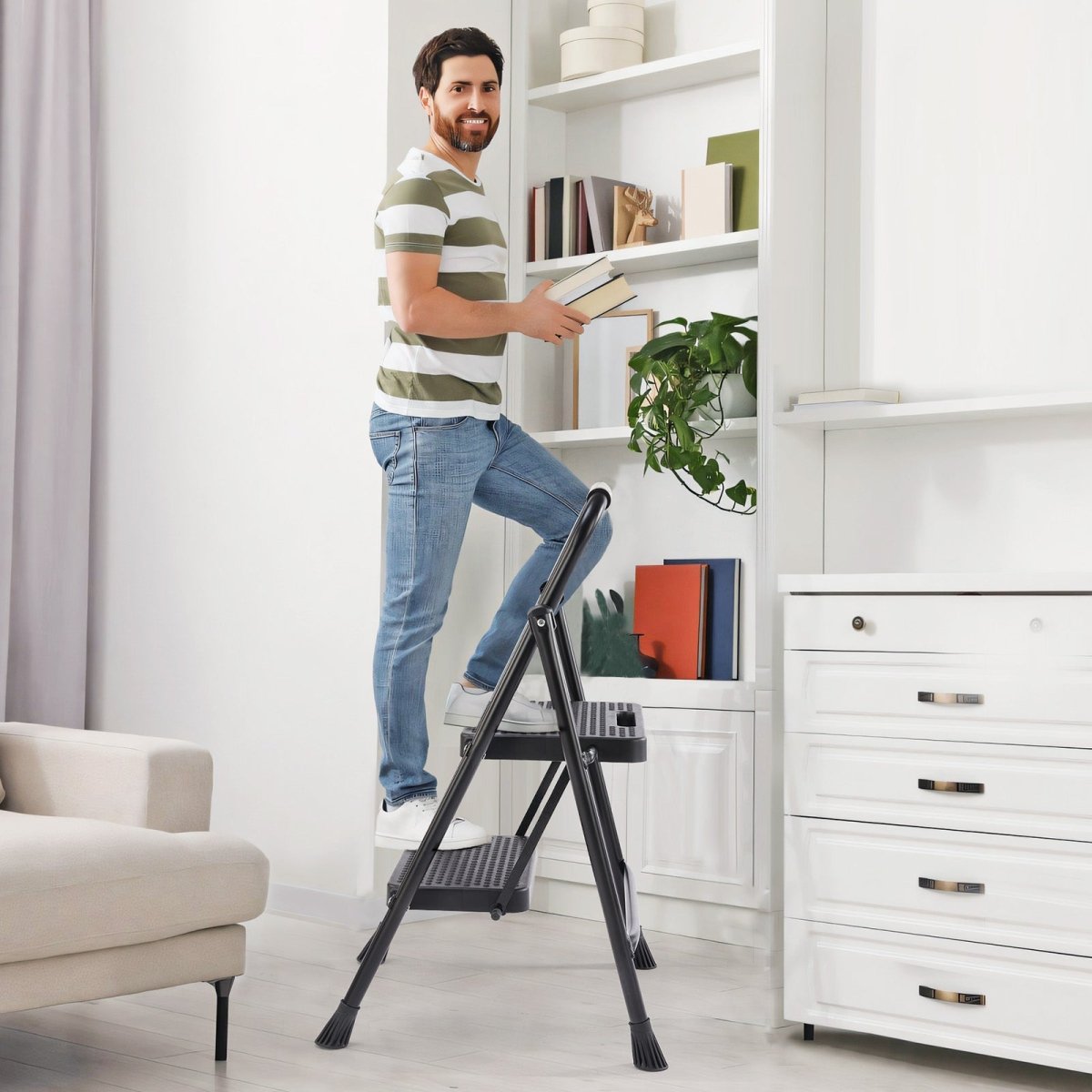2 Non - slip step ladder, quick folding steel ladder Sturdy metal supported household tools for home/office work at altitude, portable step tools - HomeDIYer