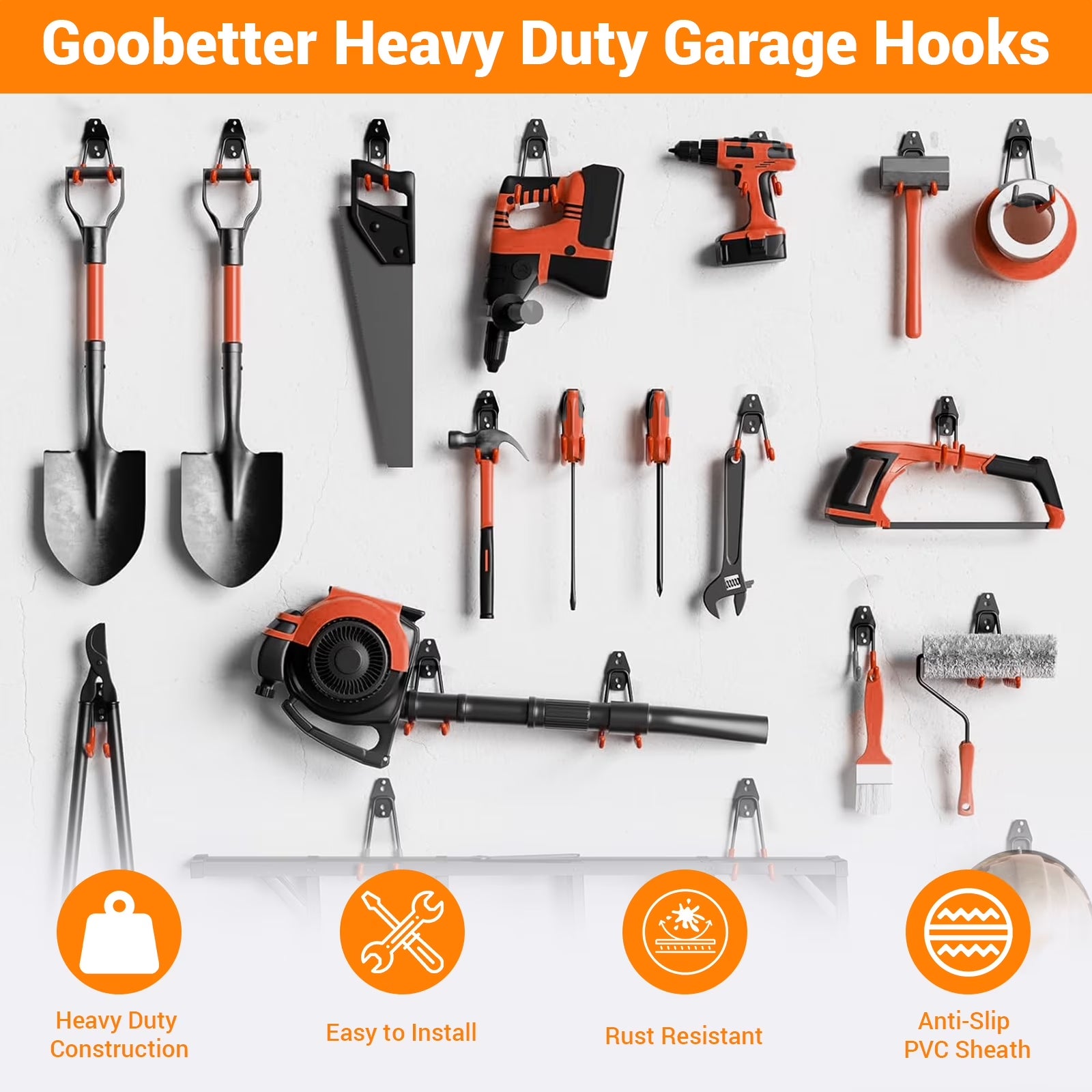 12-Pack Heavy Duty Garage Hooks – Wall Mount Organizer with Anti-Slip Coating for Bikes, Ladders & Garden Tools