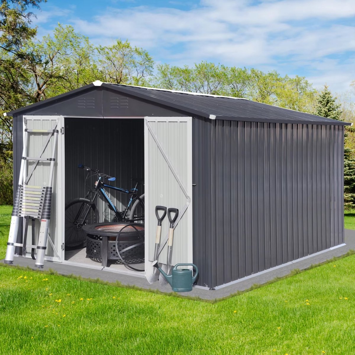 10x12FT Outdoor Storage Shed with Windows | Aluminum Frame Metal Garden Shed - HomeDIYer