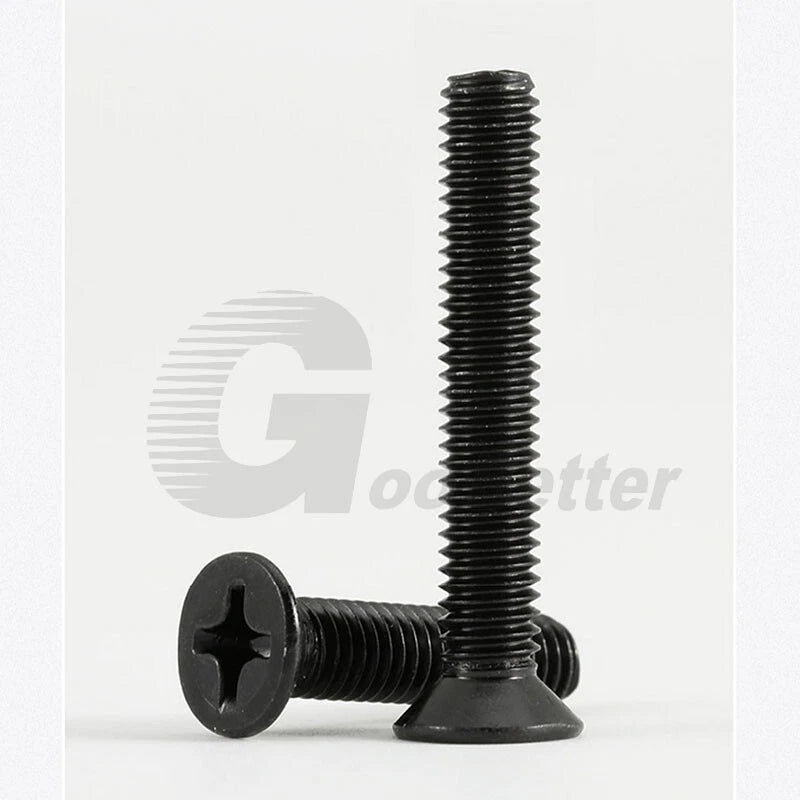 M2–M6 Black Zinc Countersunk Phillips Machine Screws – Steel, Fully Threaded (Overall Length Includes Head)