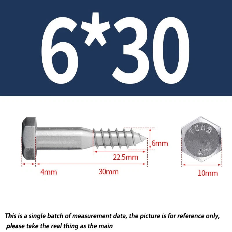 6mm M6 A2 STAINLESS STEEL SCREWS HEX HEAD LAG BOLTS WOOD SCREW BOLT DIN571