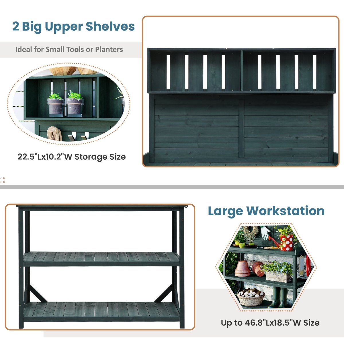65" Large Wooden Farmhouse Rustic Outdoor Potting Bench Table, Patio Workstation, Garden Potting Bench with 4 Storage Shelves and Side Hook, Forest Green - HomeDIYer
