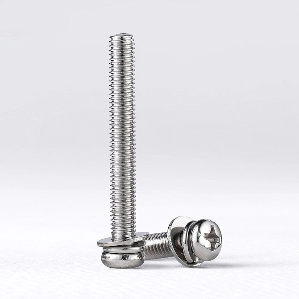 M3 M4 M5 Phillips Pan Head Screws with Spring & Flat Washer – 316 Stainless Steel Marine Grade (6–30mm)