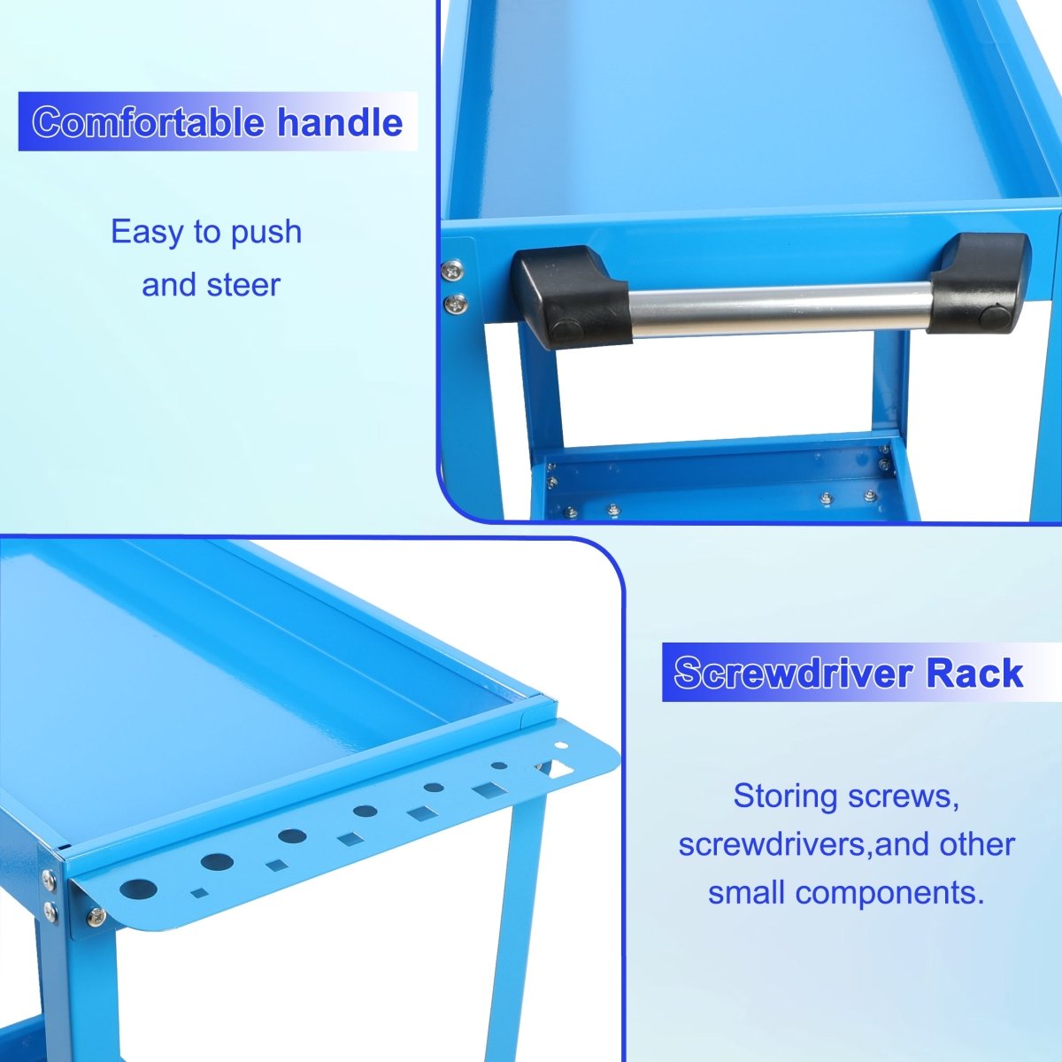Tool Cart on Wheels, Heavy Duty Steel Utility Cart w/Lockable Wheels, 400 LBS Capacity Industrial Service Cart for Garage, Warehouse, Workshop (Two - layer Bright Blue) - HomeDIYer