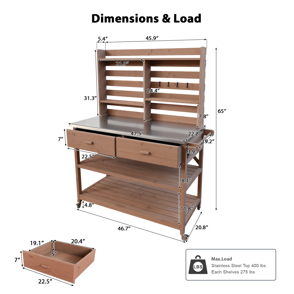 64.9"H Outdoor Potting Bench Table with Lockable Wheels, Solid Wood Outdoor Kitchen Island with Upper Hutch, Stainless Steel Top, Towel Rack ,Outdoor Storage for Grilling, Lawn Garden - Brown - HomeDIYer