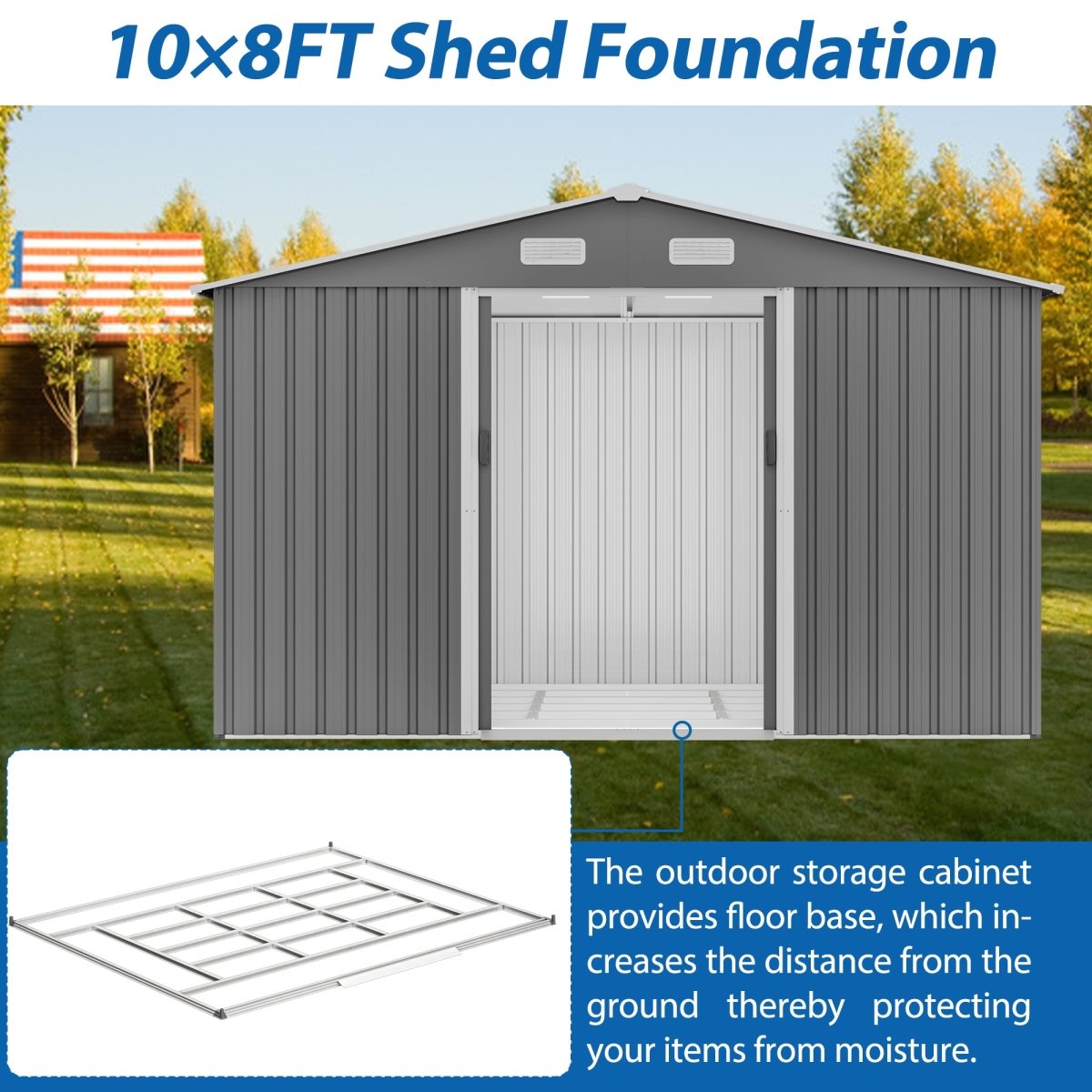 10X8 FT Outdoor Tool Storage Shed with Metal Foundation & Lockable Doors, All Weather Metal Sheds for Garden, Patio, Backyard, Lawn, Gray - HomeDIYer