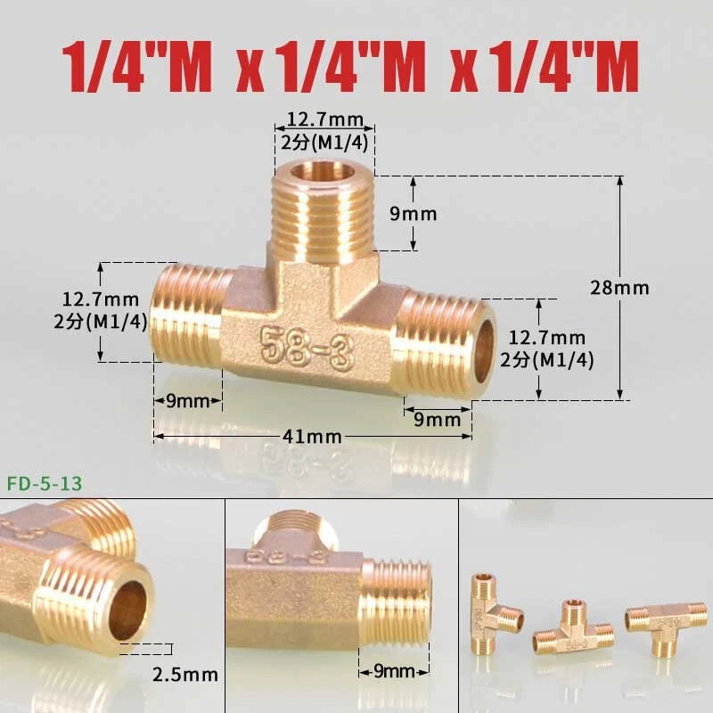 Brass BSP Tee Fitting 1/8" 1/4" 3/8" — Male Female Thread Pipe Connector