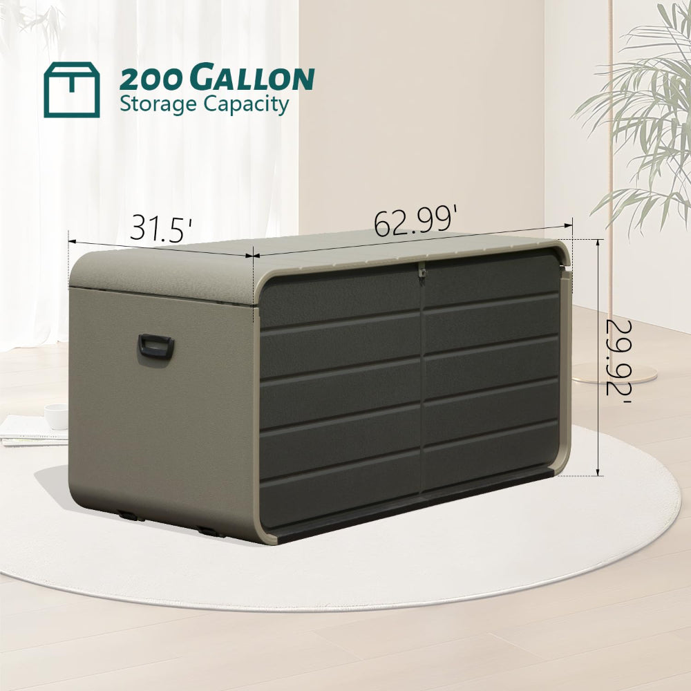 200 Gallon Plastic Deck Box – Waterproof Outdoor Storage Bench with Wheels & Hydraulic Lid, Gray