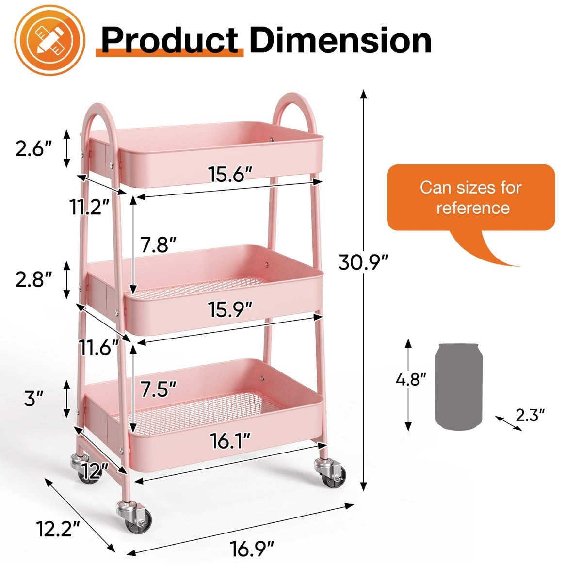Pink 3 Tier Small Rolling Cart, Metal Utility Storage Organizer Kitchen Trolley Bathroom Laundry Room Bar Office Shelves - HomeDIYer