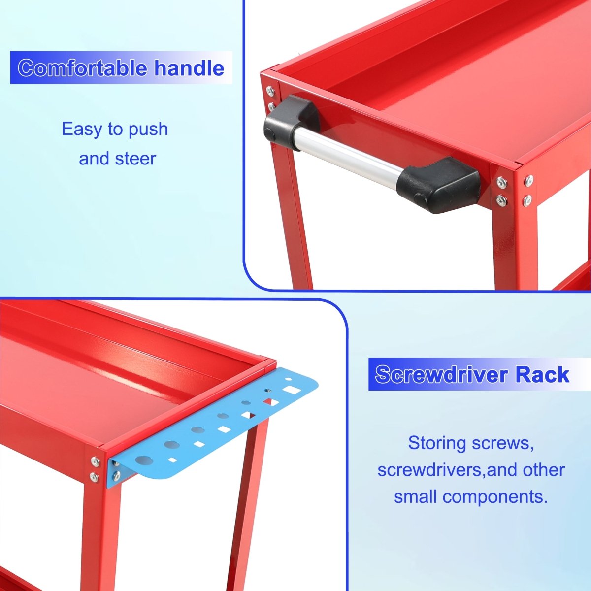 Tool Cart on Wheels, Heavy Duty Steel Utility Cart w/Lockable Wheels, 400 LBS Capacity Industrial Service Cart for Garage, Warehouse, Workshop (Two - layer Bright Red) - HomeDIYer