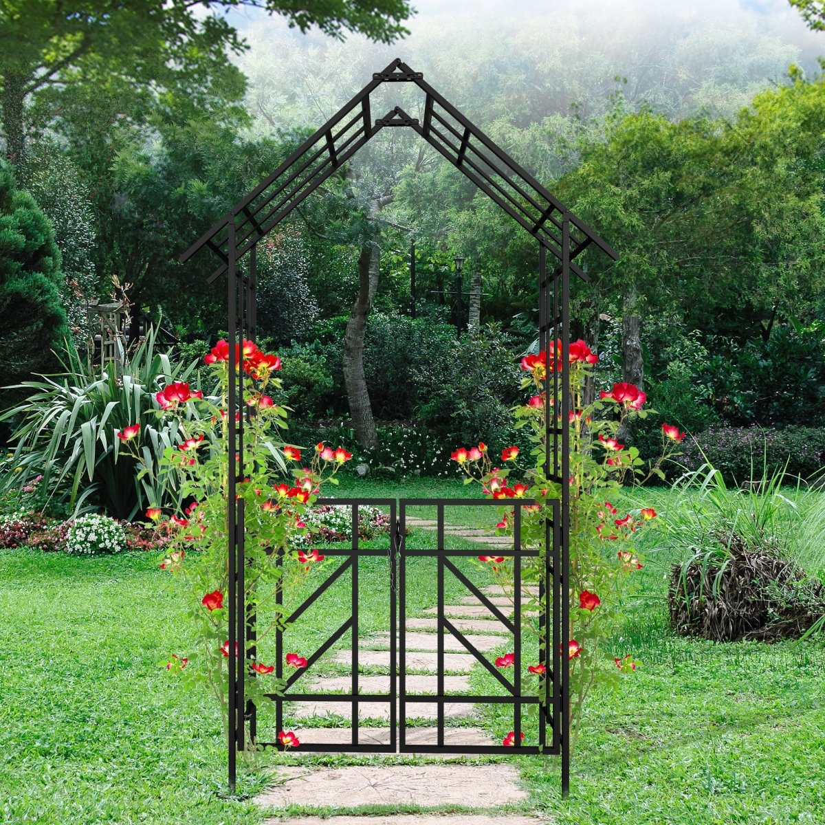 Metal Garden Arch with Gate W58.07*H97.24 Climbing Plants Support Rose Arch Outdoor Black - HomeDIYer