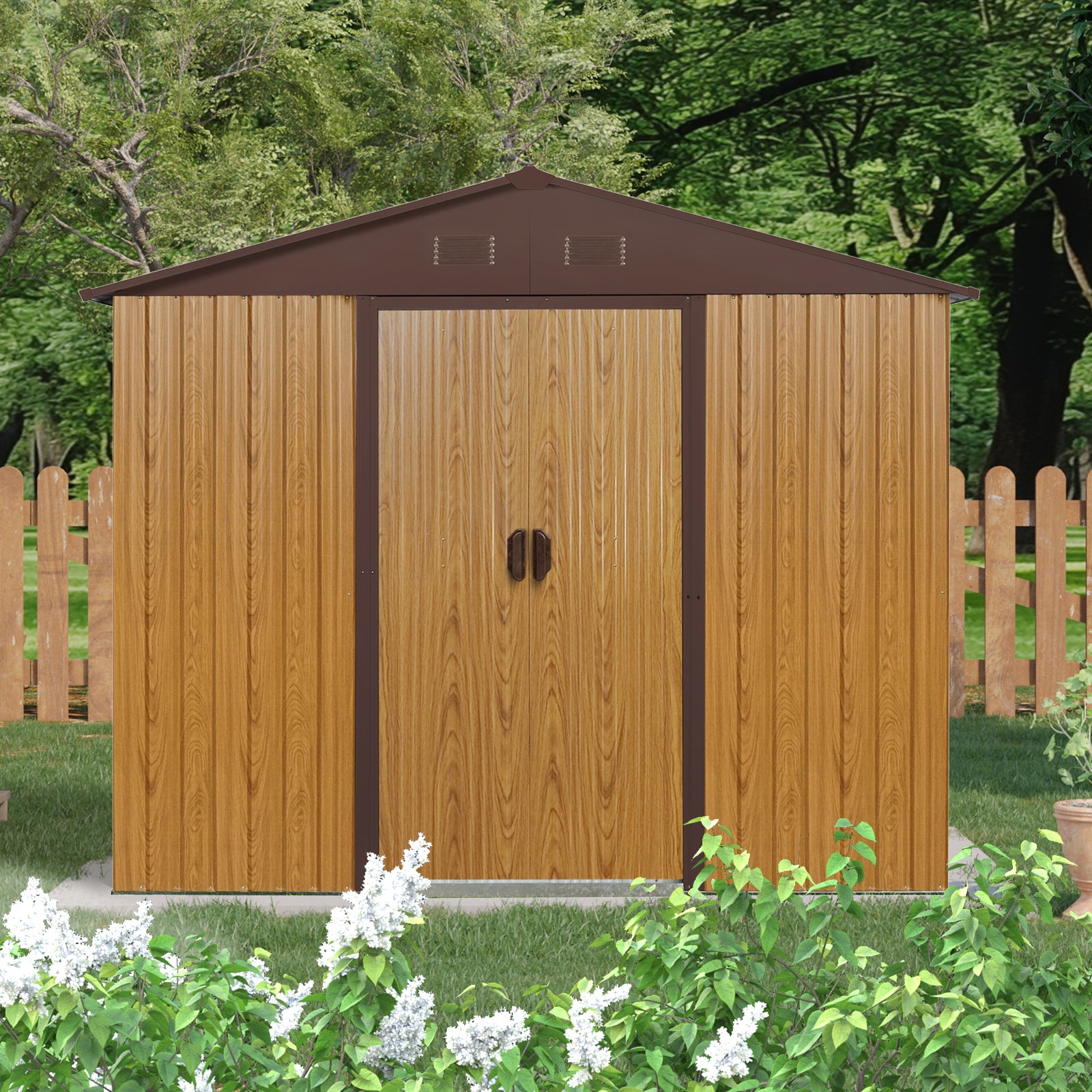 8ft x 4ft Outdoor Metal Storage Shed with Sliding Door and foundation for Backyard, Patio, Lawn (Coffee)