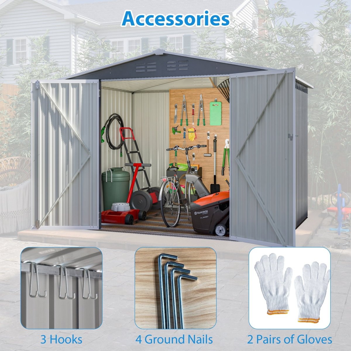 8 x 6 FT Outdoor Waterproof Garden Tool Storage Sheds with Metal Foundation with Floor Frame, Tool Shed with Lockable Hinged Doors & Air Vents, Storage House Waterproof for Backyard, Lawn, Gray - HomeDIYer