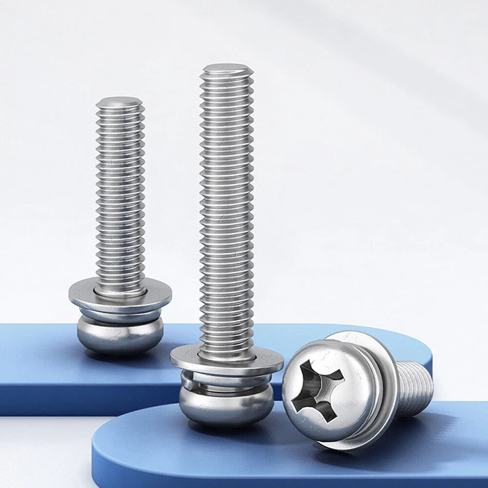 M2–M10 Phillips Pan Head Sems Screws – 304 Stainless Steel with Pre‑Assembled Spring & Flat Washers