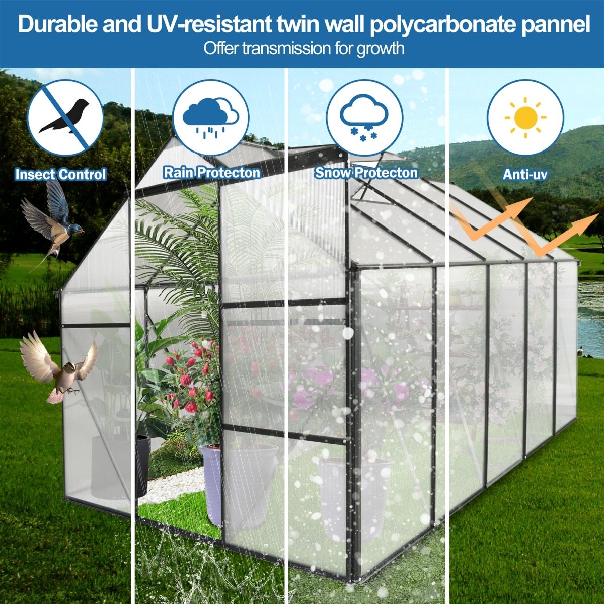 6x10 FT Polycarbonate Greenhouse Raised Base and Anchor Aluminum Heavy Duty Walk - in Greenhouses for Outdoor Backyard in All Season - HomeDIYer