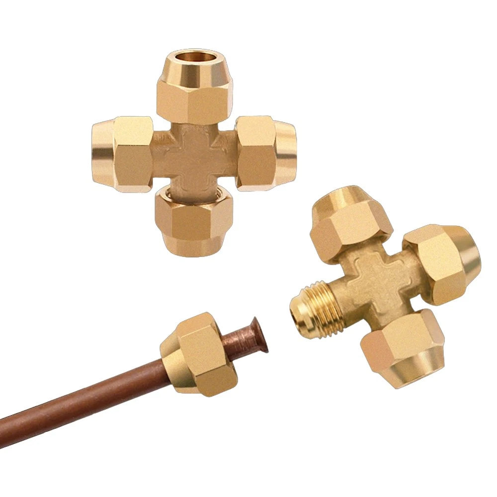 Brass Compression Cross Fitting 4-Way Flared Connector — 6mm & 8mm