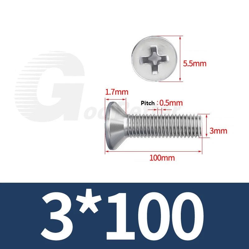 M1–M3.5 Phillips Countersunk Machine Screws – 304 Stainless Steel, Fully Threaded (3–120mm Overall Length) - HomeDIYer