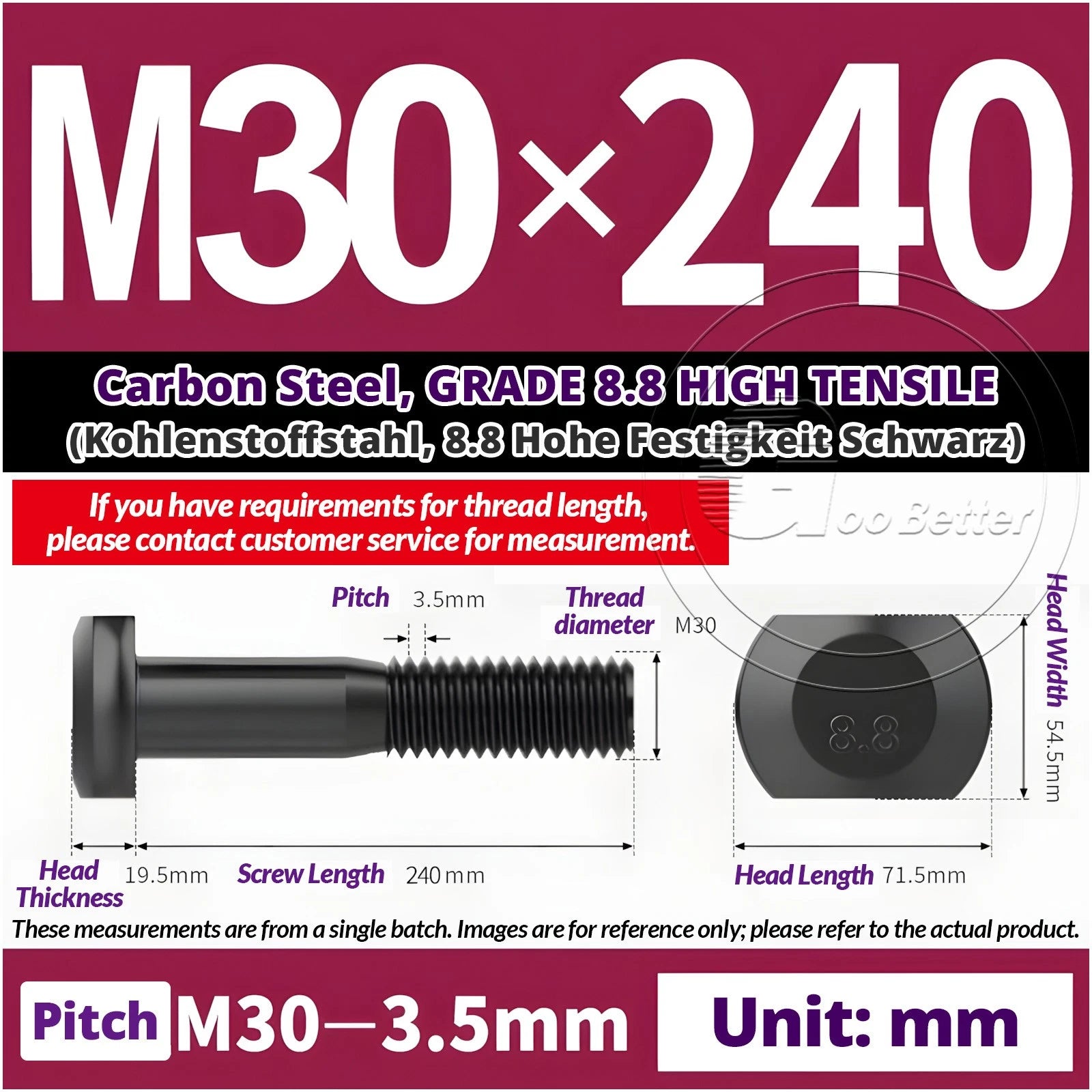 T-Slot Bolts M22 - M42 T Track Bolts 70mm to 500mm Long GRADE 8.8 HIGH TENSILE