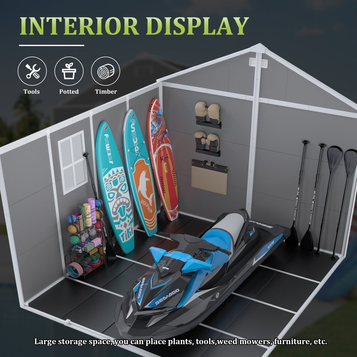 8x8 ft Resin Storage Shed, High Quality Pp Material, Strong Structure, Waterproof, Rust And Uv Proof, Large Storage Space, 12mm Thick Pp Board, Hd Window Lighting - HomeDIYer