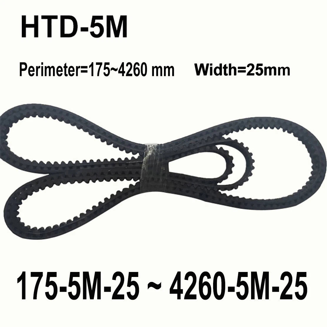 HTD-5M Closed Loop Timing Belt 25mm Wide — Perimeter 175mm to 4260mm