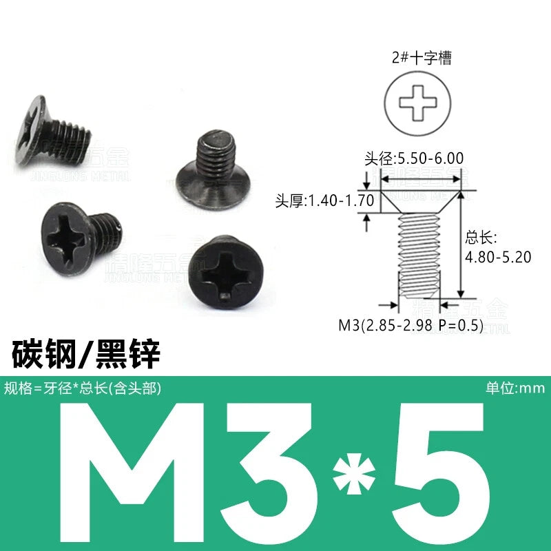 M3 Countersunk Thin Machine Screws – Carbon Steel, Nickel/Black Zinc, Phillips Drive (3–16mm Lengths)