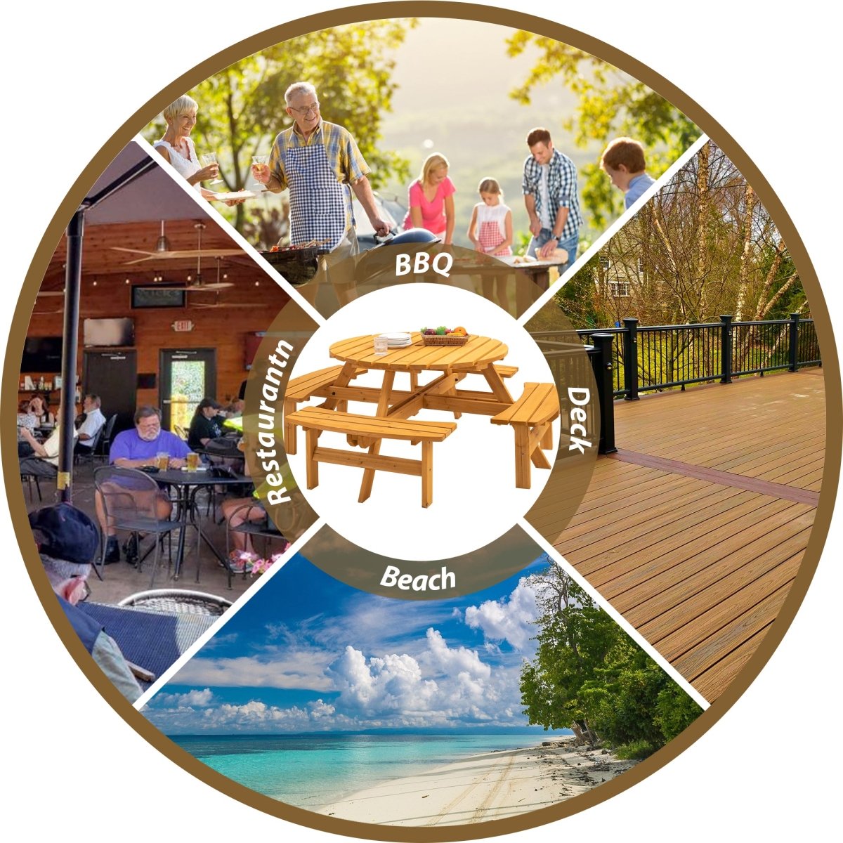 8 Person Wooden Picnic Table, Outdoor Camping Dining Table with Seat, Garden, DIY w/ 4 Built - in Benches, 2220lb Capacity - Natural - HomeDIYer
