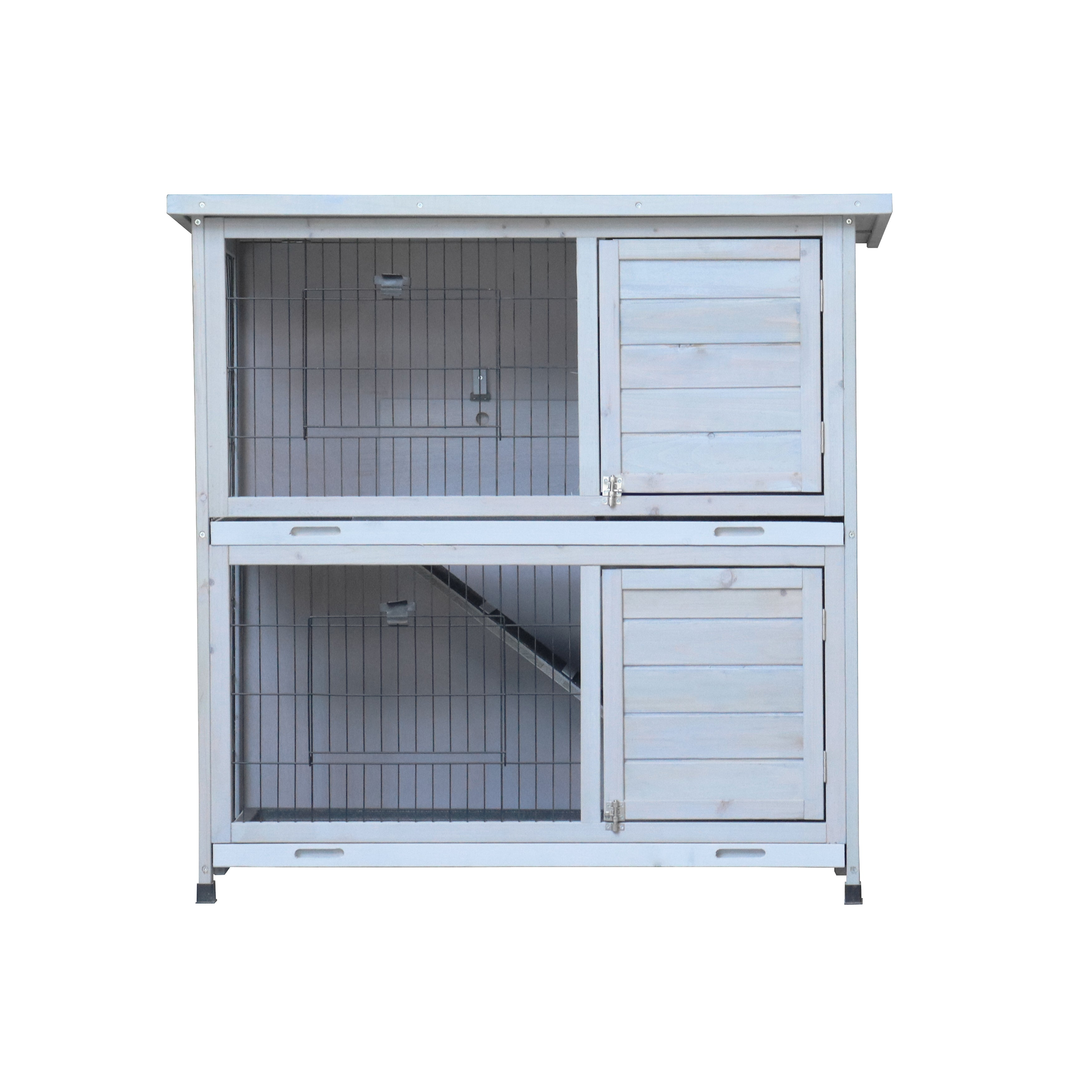 Rabbit Hutch Outdoor, 2-Story Rabbit Cage Indoor with Run, Bunny Cage with 2 Removable No-Leak Trays, Pet Cages with Non-Slip Ramp, Waterproof Roof, Fence, for Small Animals