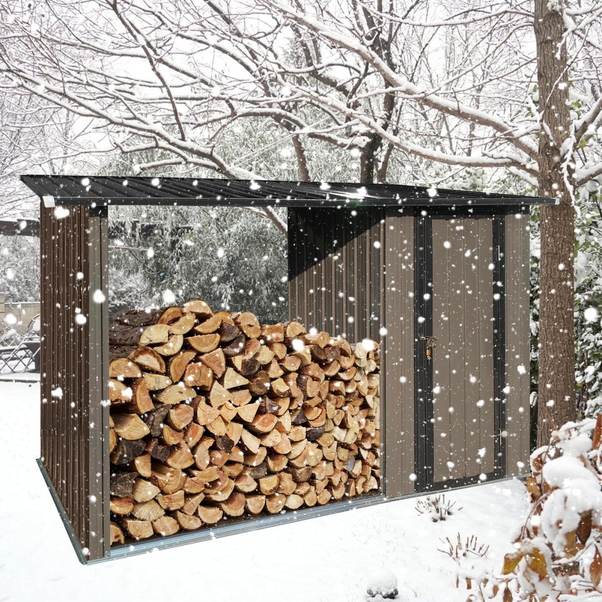 Outdoor Metal Firewood Rack and Storage Shed, Brown and Black,Two - in - one function - HomeDIYer